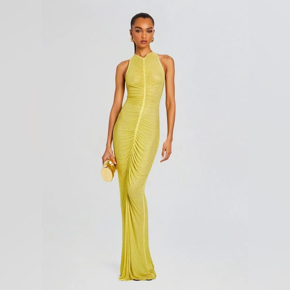 Retrofete Yellow Ruched Halter-Style Evening Gown